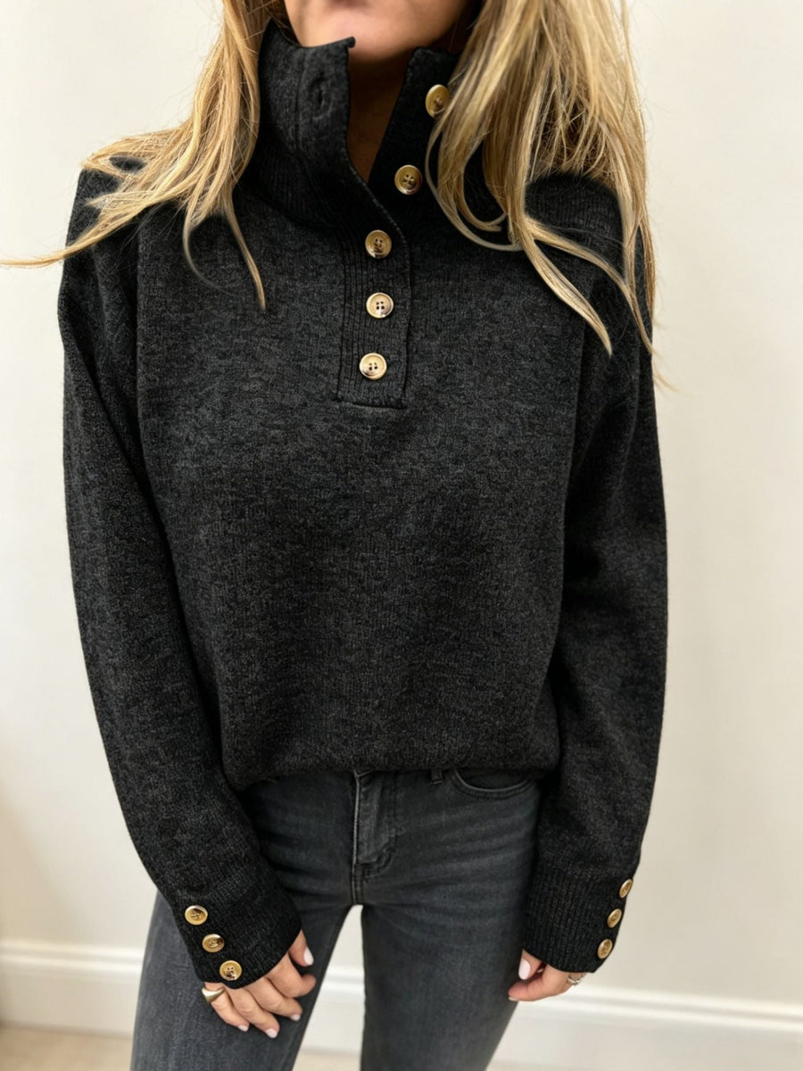Damen Stehkragen Pullover mit Knopfleiste und Knopfdetails an den Ärmeln
