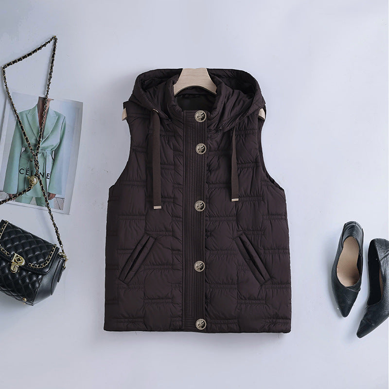 Damesbodywarmer met capuchon, knoopsluiting en zakken