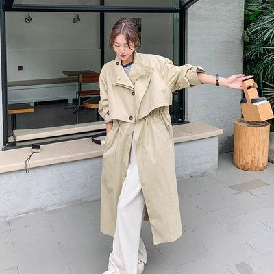 Damen Langer Trenchcoat Beige Leichter Übergangsmantel