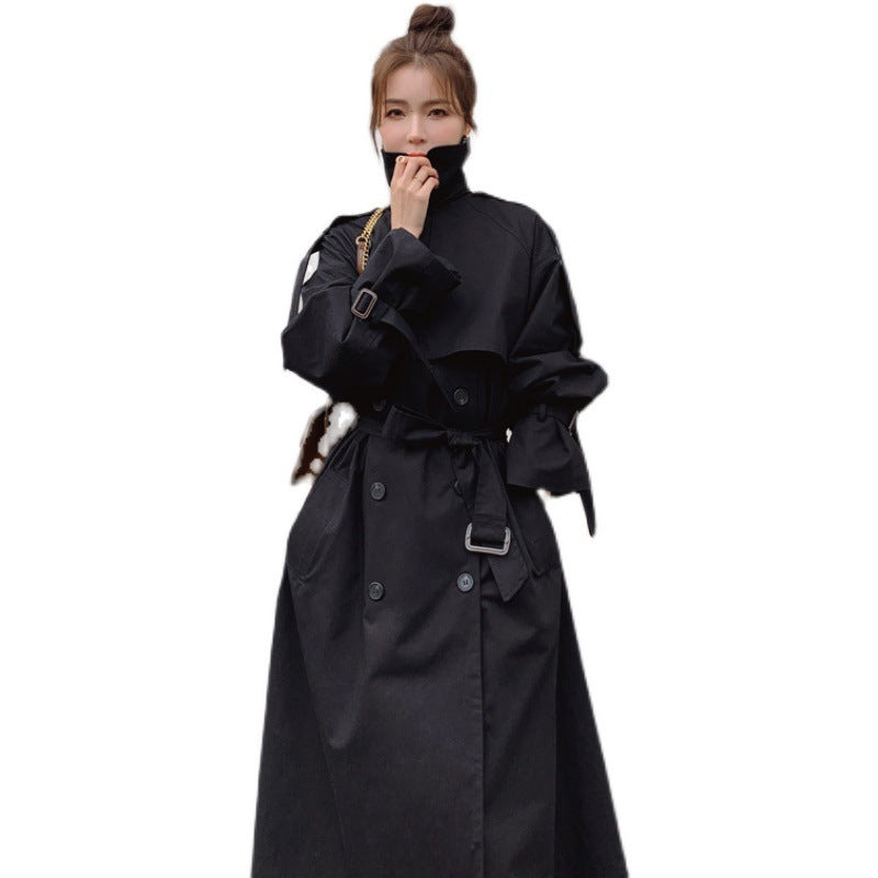 Damen Trenchcoat Lang Schwarz mit Bindegürtel und Reverskragen