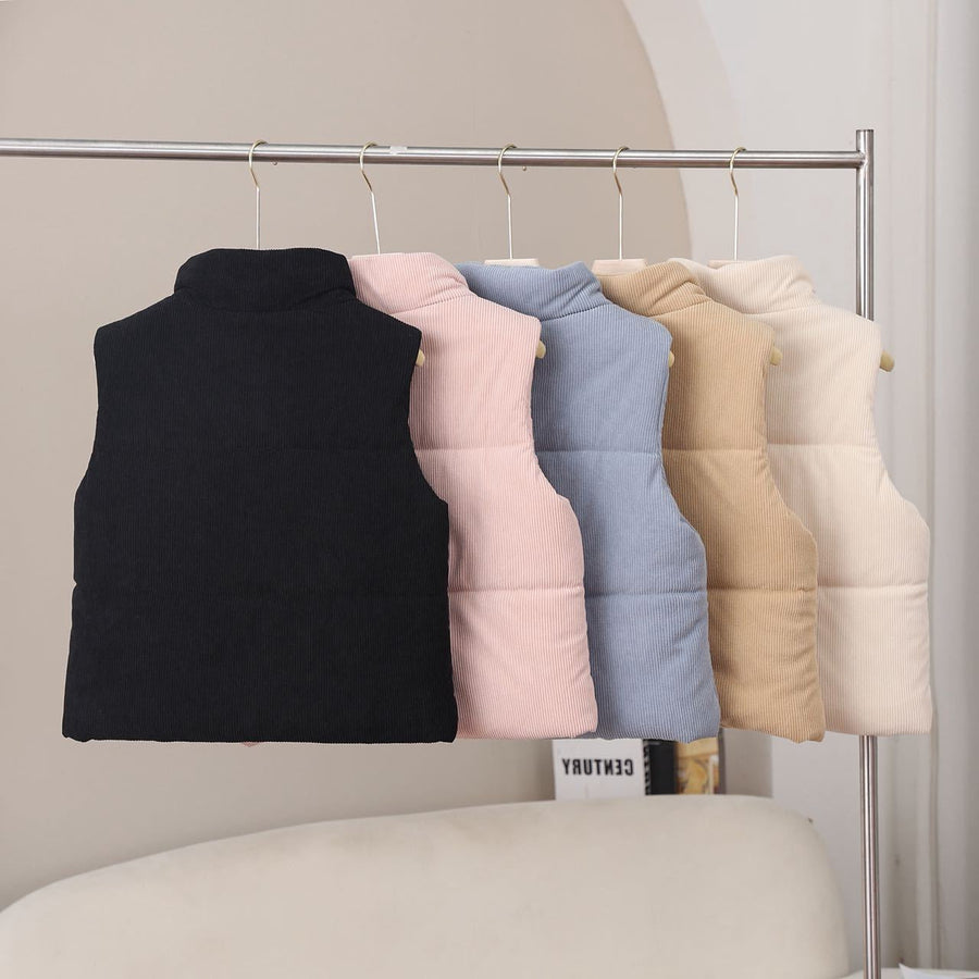 Gewatteerde damesbodywarmer met opstaande kraag, corduroylook