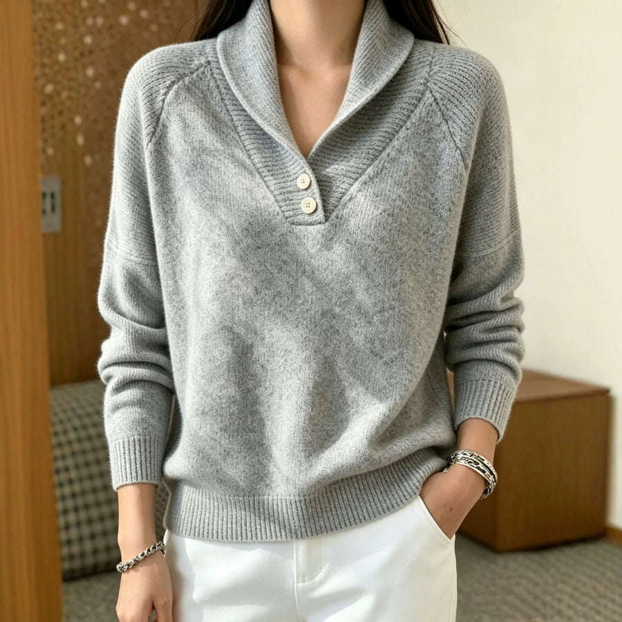 Damen Pullover mit Schalkragen und Knopfleiste, weiches Material