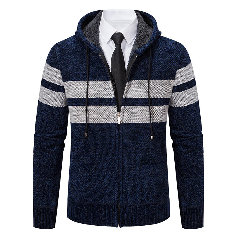 Gebreid vest voor heren met capuchon, rits en strepenpatroon