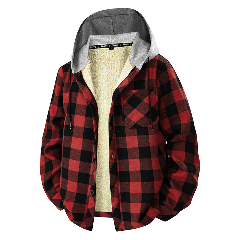 Herren Kariertes Hemd Jacke mit Kapuze Fleece-Futter Winter Warm