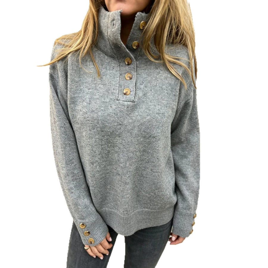 Damen Stehkragen Pullover mit Knopfleiste und Knopfdetails an den Ärmeln
