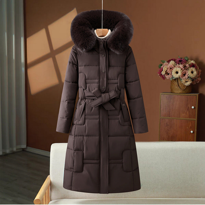 Damen Winter Steppmantel Lang mit Kunstpelz Kapuze & Gürtel