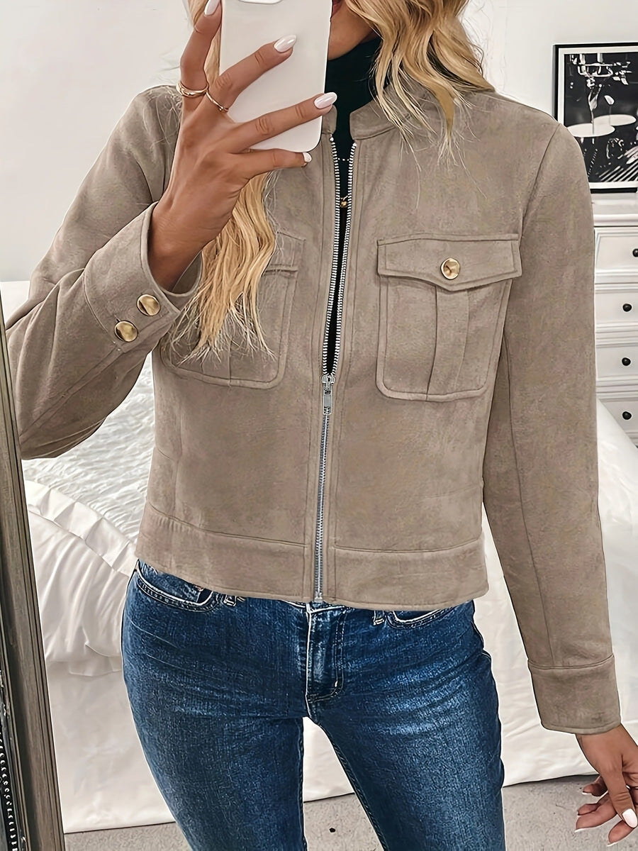 Kurze Damenjacke mit Reißverschluss, Kragen und Pattentaschen – Khaki