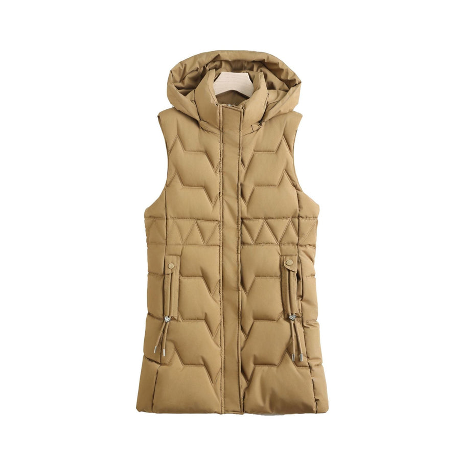 Gewatteerde damesbodywarmer met capuchon en ritssluiting, lang model