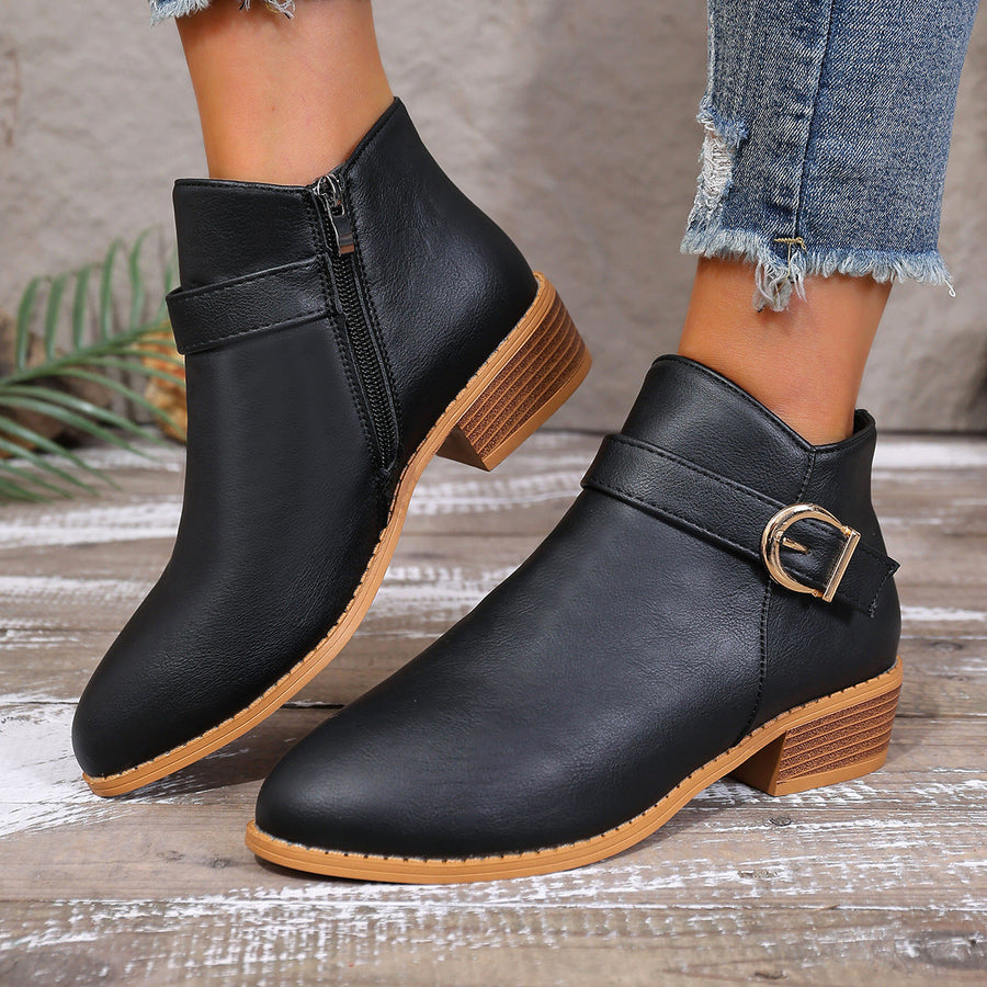 Damen Stiefeletten mit Schnalle & Reißverschluss, flacher Absatz