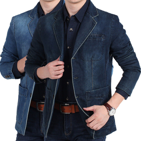 Herren Jeans Sakko Dunkelblau Hellblau Freizeit-Blazer mit Knöpfen