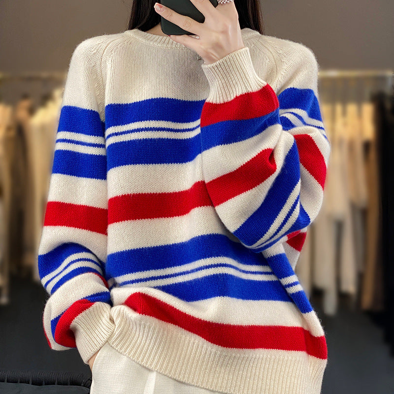 Damen Oversize Strickpullover Gestreift Rundhals Mehrfarbig