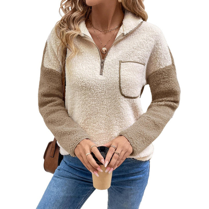 Damestrui van teddyfleece met rits en borstzak, lange mouwen, beige & bruin