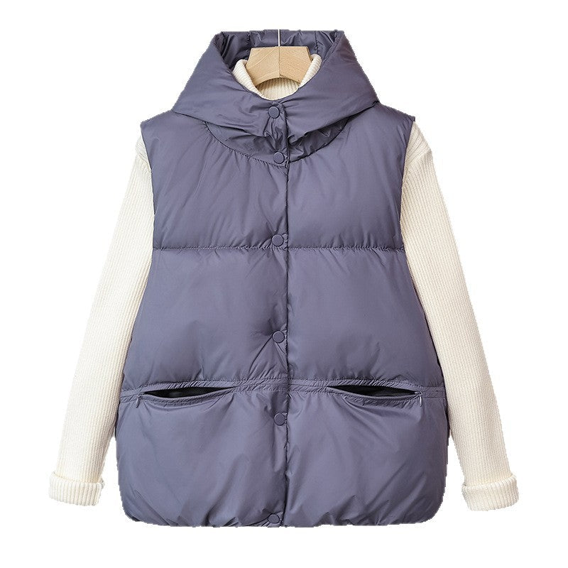 Korte zwarte damesdonsbodywarmer met capuchon, gewatteerd