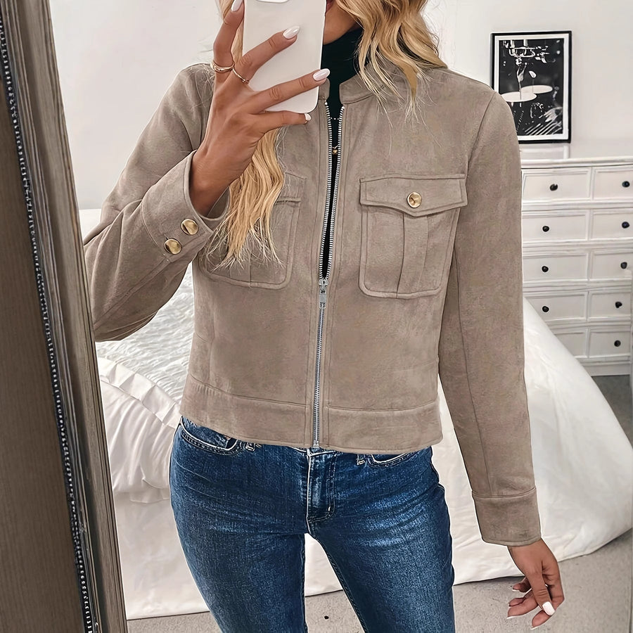Kurze Damenjacke mit Reißverschluss, Kragen und Pattentaschen – Khaki