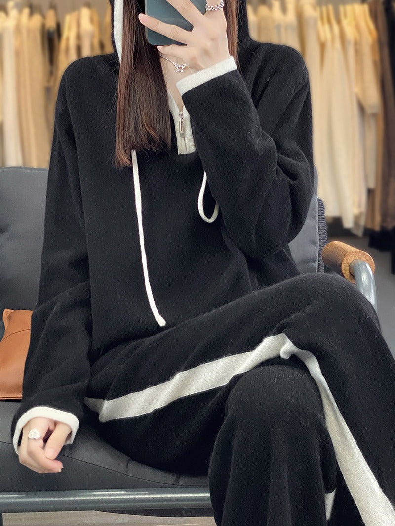 Damen Hoodie und Hose Set mit Reißverschluss und Kontraststreifen