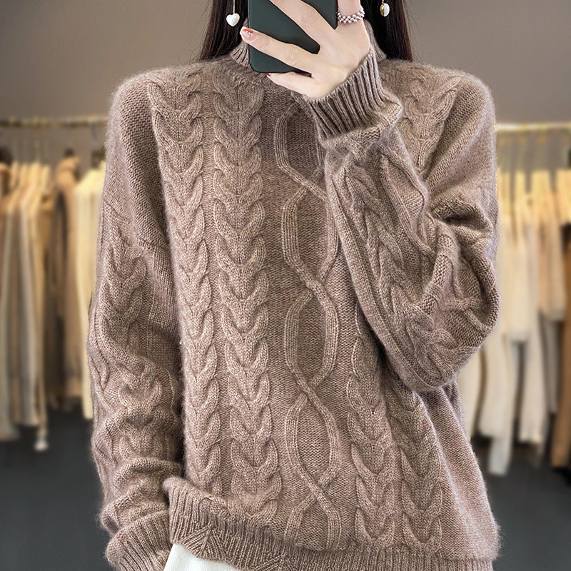 Damen Grobstrick Pullover Zopfmuster Rundhals Beigefarben