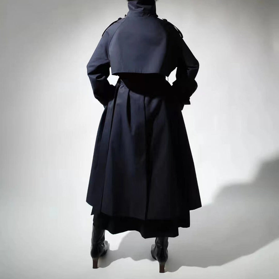 Damen Trenchcoat Lang Stehkragen Gürtel Marineblau