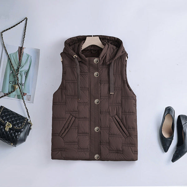 Damesbodywarmer met capuchon, knoopsluiting en zakken