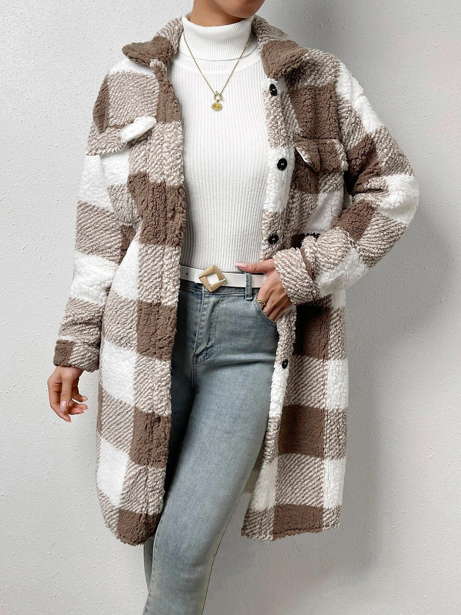 Langer Karo Shacket Teddy Mantel mit Knopfleiste & Kragen für Damen