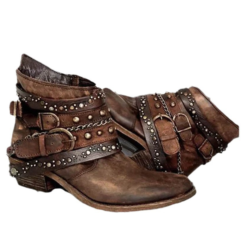 Biker-enkellaarsjes voor dames met studs, bruin, gespen, kettingen, westernlaarzen