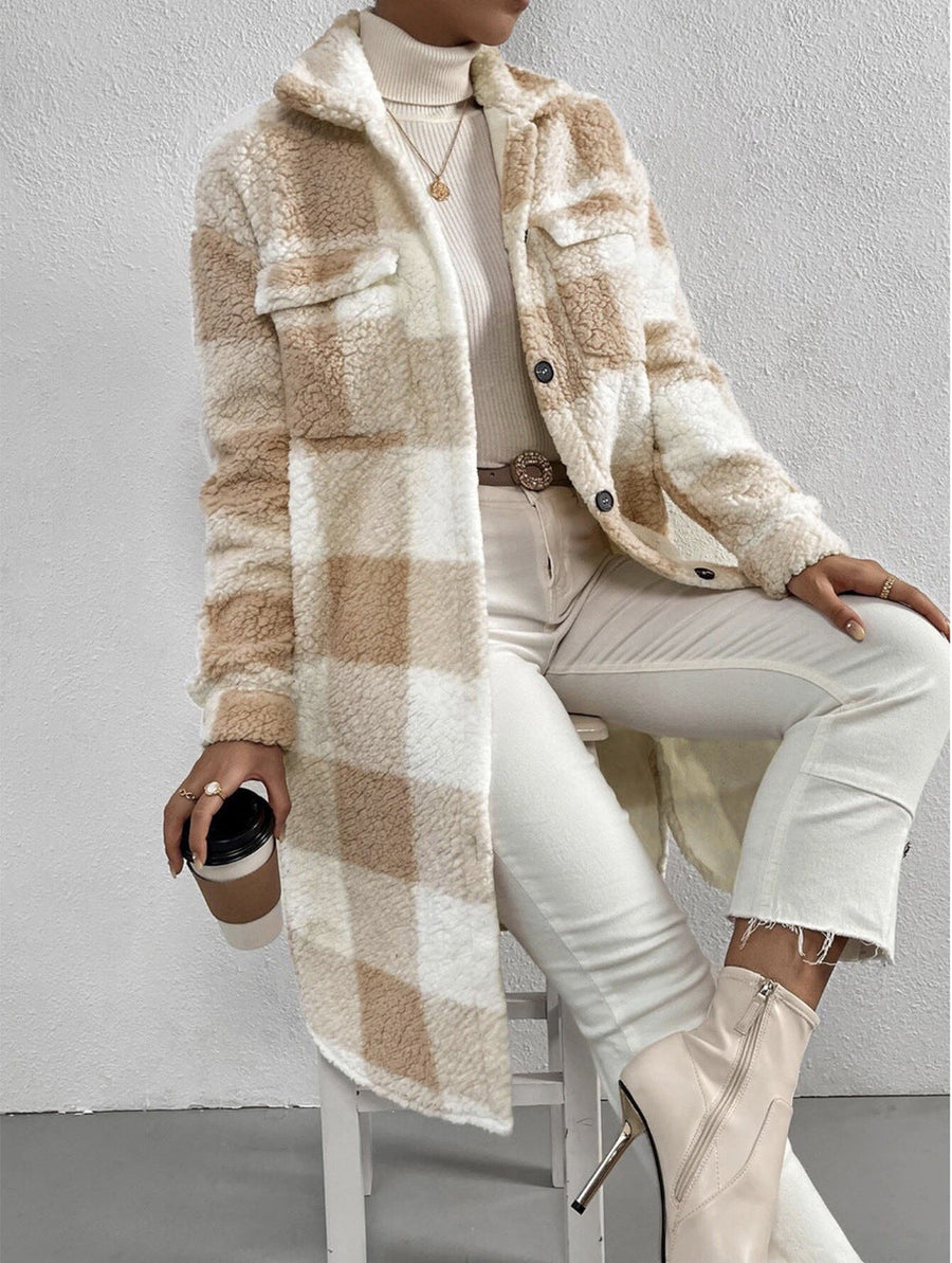 Langer Karo Shacket Teddy Mantel mit Knopfleiste & Kragen für Damen