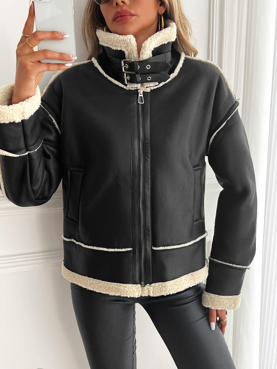 Damen Aviator Jacke mit Lammfell-Imitat und Schnallenkragen