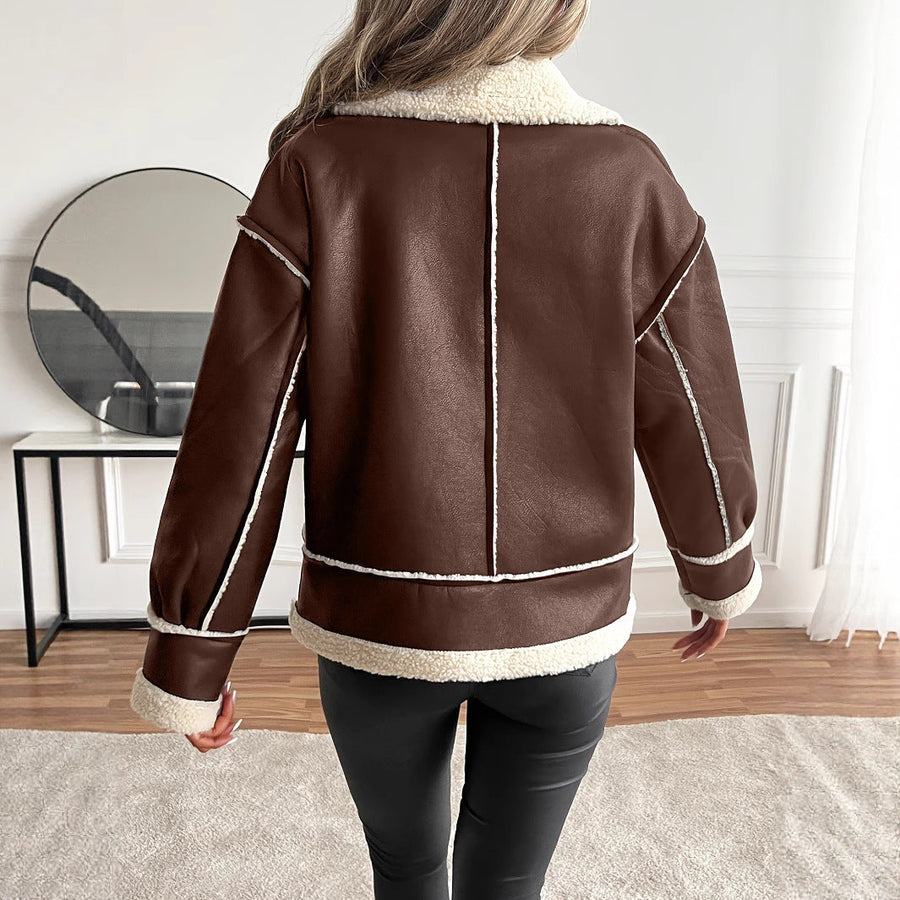 Damen Aviator Jacke mit Lammfell-Imitat und Schnallenkragen