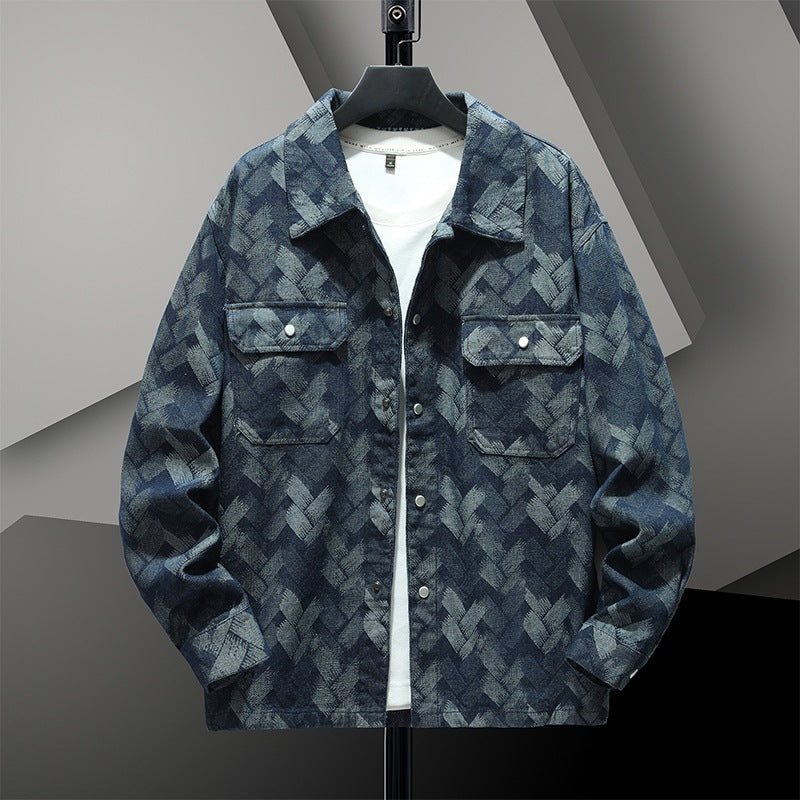 Heren casual overhemdjack in blauwe denimlook met patroon