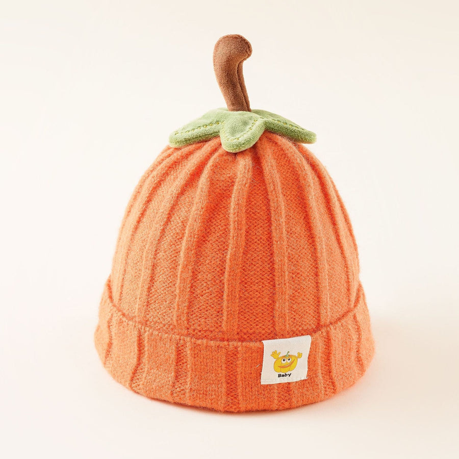 Gerippte Babymütze mit Fruchtstiel, gestrickte Kleinkindmütze mit Blättern und Etikett