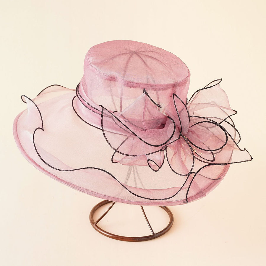 Damen eleganter Organza Hut mit breiter Krempe und Blumen-Applikation