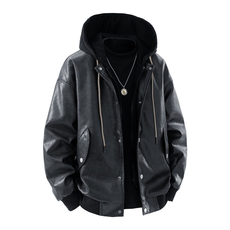 Herren Jacke in Leder-Optik mit Kapuze und Druckknöpfen