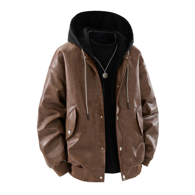 Herren Jacke in Leder-Optik mit Kapuze und Druckknöpfen