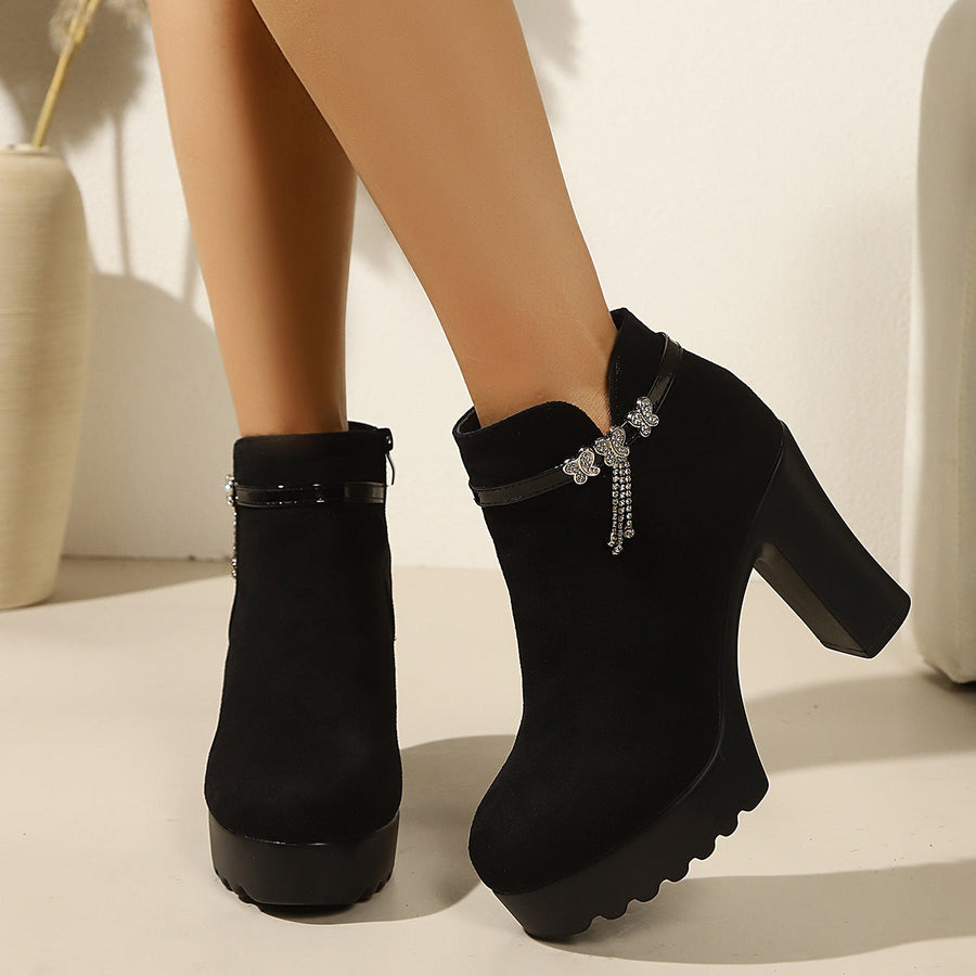 Damen Stiefeletten mit Blockabsatz Plateau & Schmetterlingsdetail Dunkelbraun