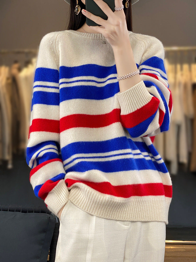 Damen Oversize Strickpullover Gestreift Rundhals Mehrfarbig