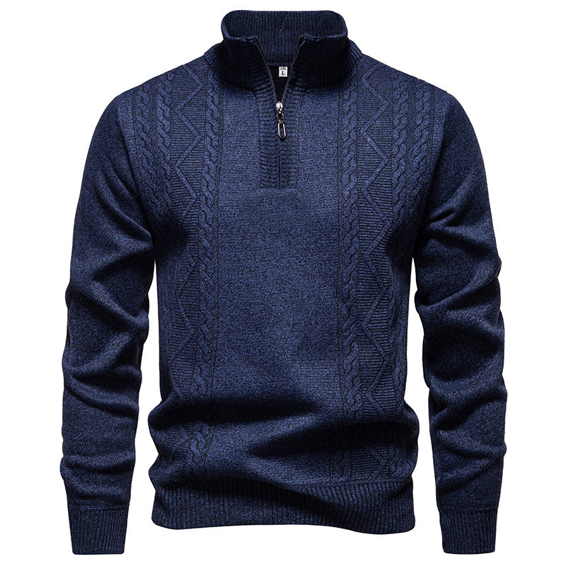 Herren Strickpullover mit Zopfmuster, Stehkragen und Reißverschluss, Melange-Optik