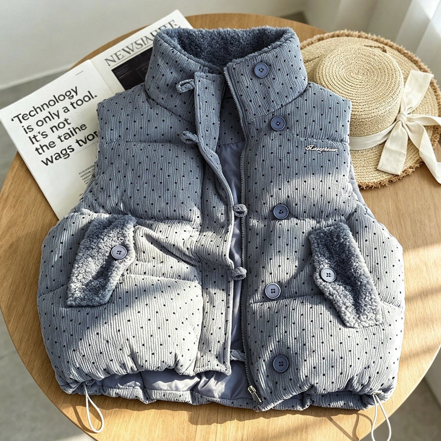Unisex Steppweste gepunktet mit Teddyfutter, Kragen und Reißverschluss