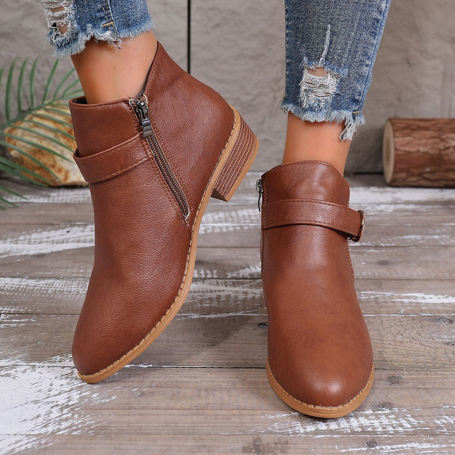 Damen Stiefeletten mit Schnalle & Reißverschluss, flacher Absatz