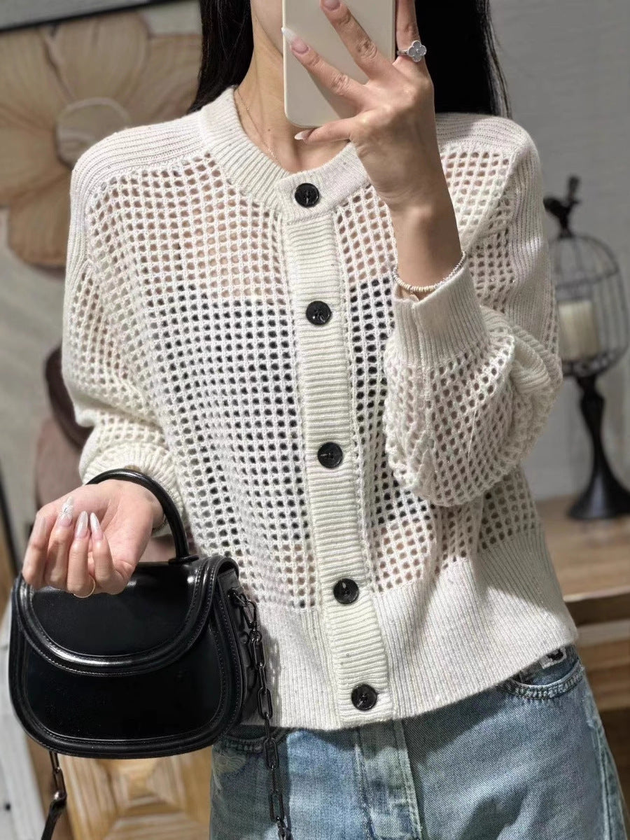 Damen Strickjacke mit Rundhals und Lochmuster, geknöpft