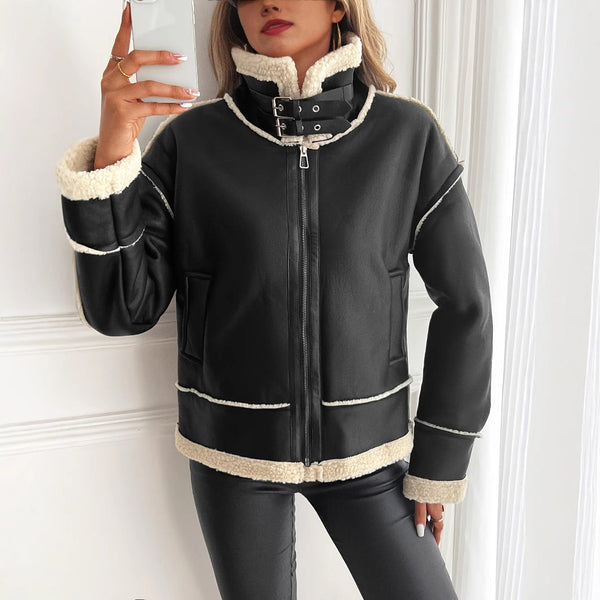 Damen Aviator Jacke mit Lammfell-Imitat und Schnallenkragen