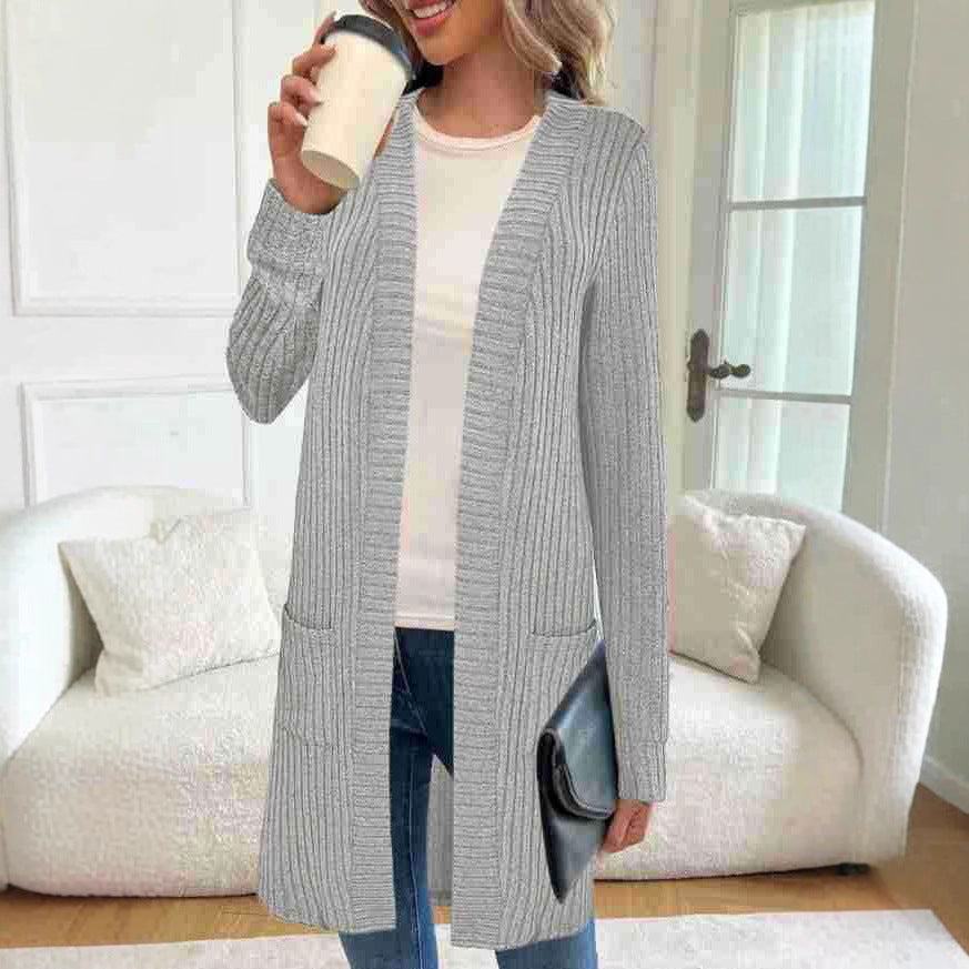 Damen Langstrickjacke Rippstrick Offen mit Taschen