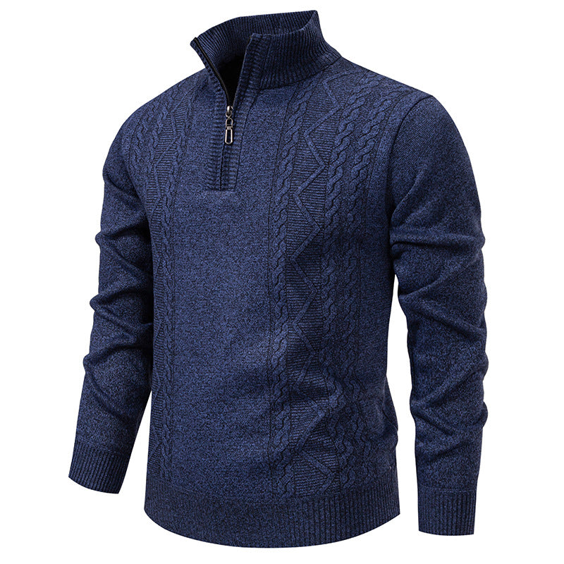 Herren Strickpullover mit Zopfmuster, Stehkragen und Reißverschluss, Melange-Optik