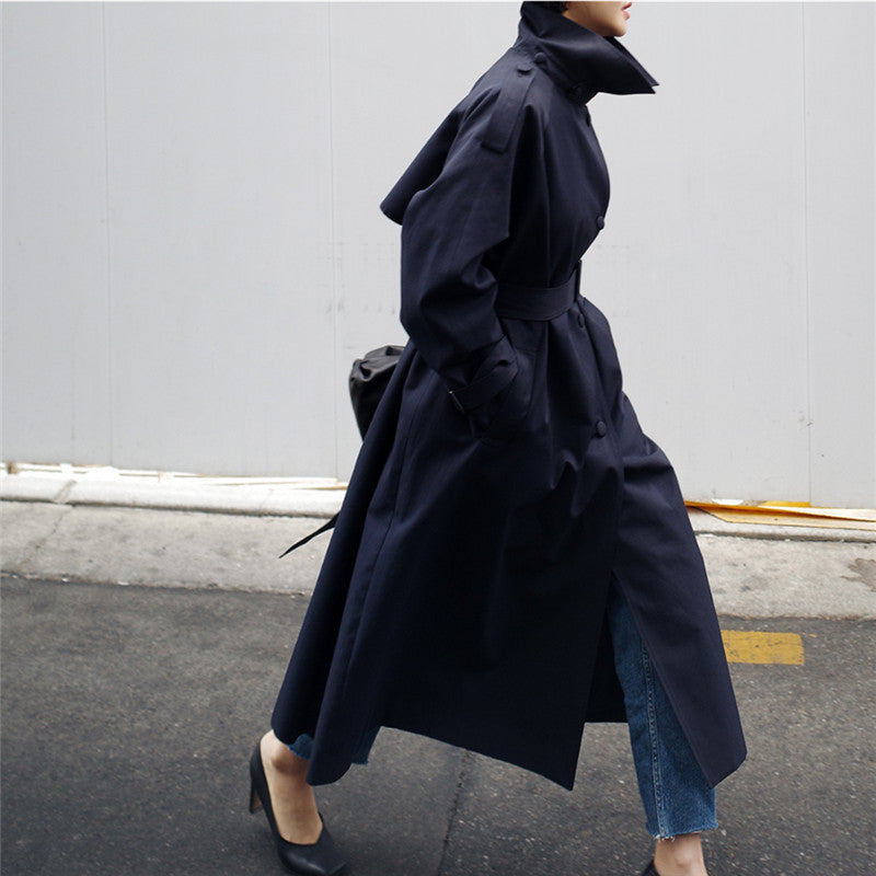 Lange elegante trenchcoat voor dames met opstaande kraag en riem, kaki