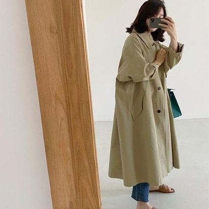 Lange trenchcoat voor dames, lichte overslagmantel, kaki/zwart