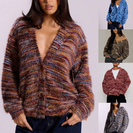 Gebreid damesvest met V-hals en knopen in meerkleurige look
