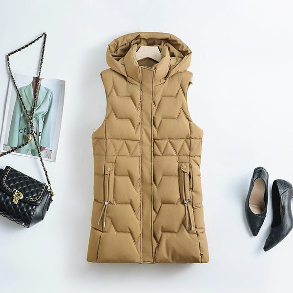 Gewatteerde damesbodywarmer met capuchon en ritssluiting, lang model