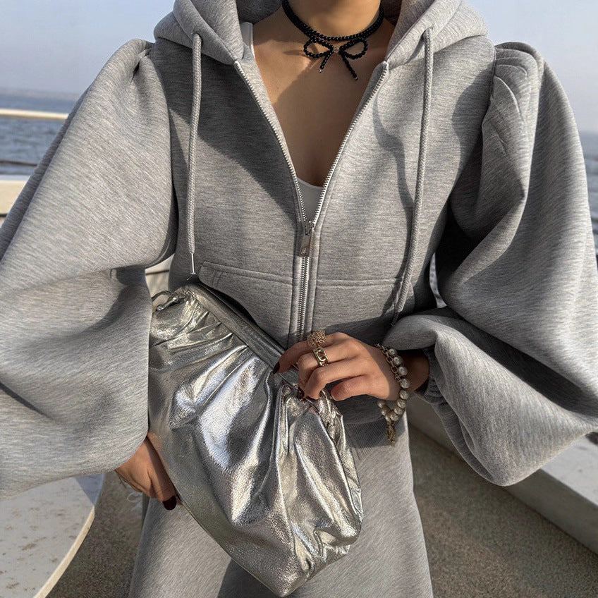 Damen Hoodie-Jacke mit Puffärmeln & A-Linien-Midirock Set