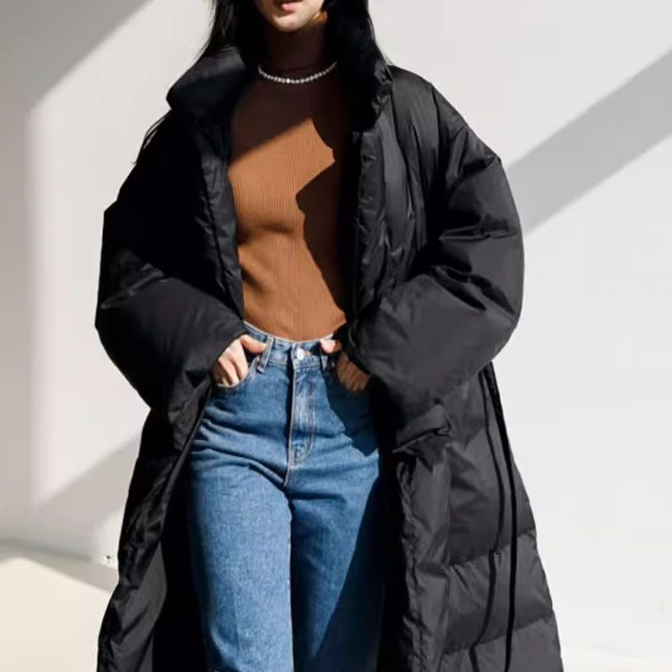 Damen Langer Steppmantel mit Gürtel Oversize Winterjacke