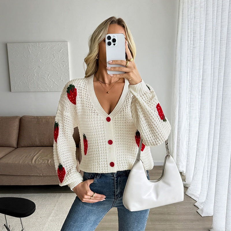 Damen Cardigan V-Ausschnitt Strickjacke mit Erdbeermotiven und Knopfleiste in Creme-Weiß