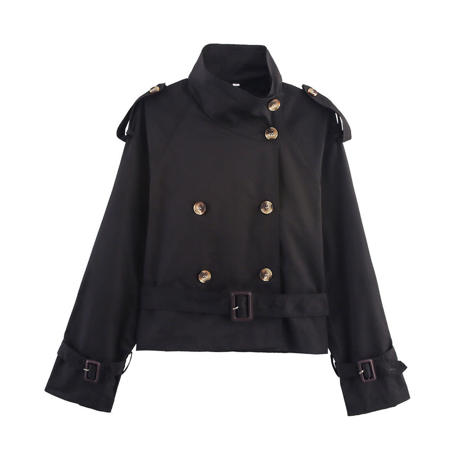 Korte trenchcoat voor dames met riem en dubbele knopenrij