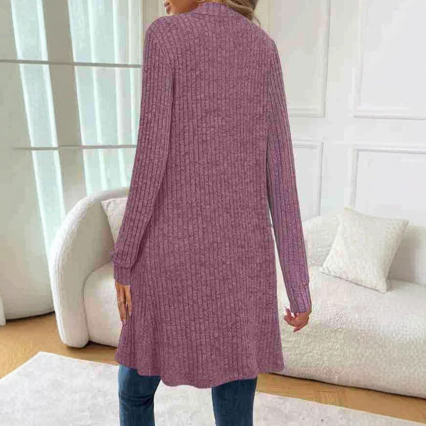 Damen Langstrickjacke Rippstrick Offen mit Taschen